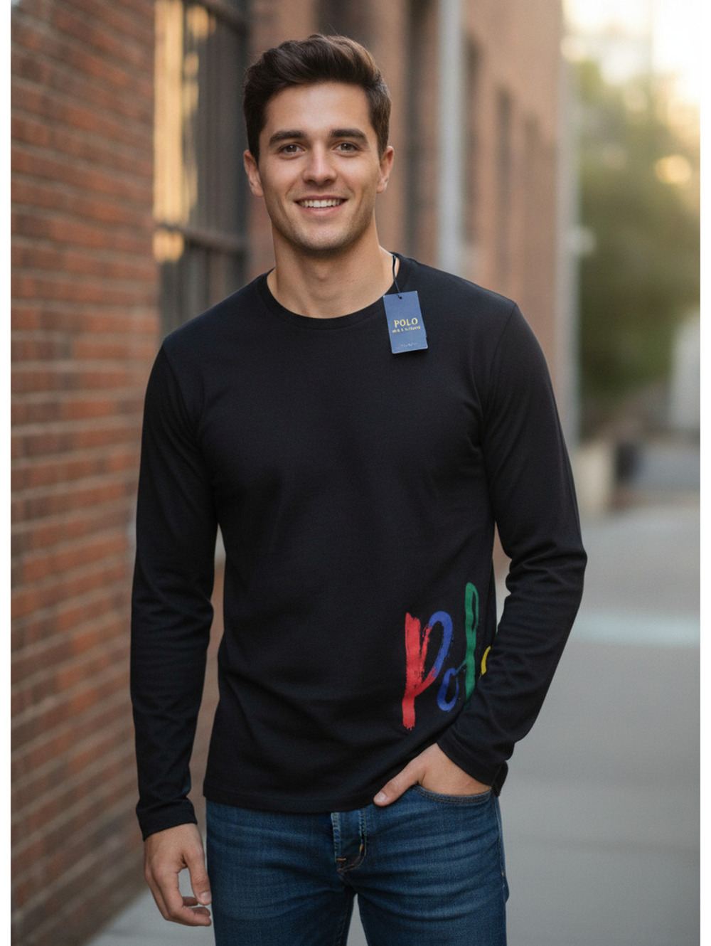 Polo Ralph Lauren Black Long Sleeve T-Shirt with Colorful